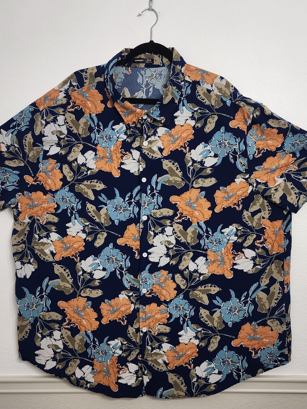 Men's Navy Floral Short-Sleeve Button-Down Shirt with Orange & Light Blue Blooms